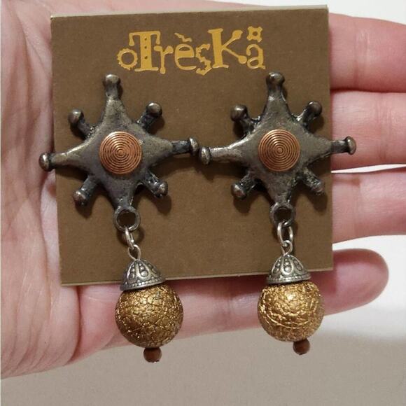 TRESKA Brutalist Silver beaded dangle star clip earrings new!!! - Picture 3 of 5